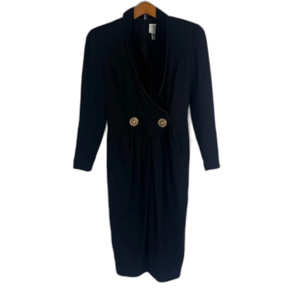 Caroma by Andree Devlin Vintage Black Tuxedo Deep V Dress 100% Wool Size 8 - Picture 1 of 12